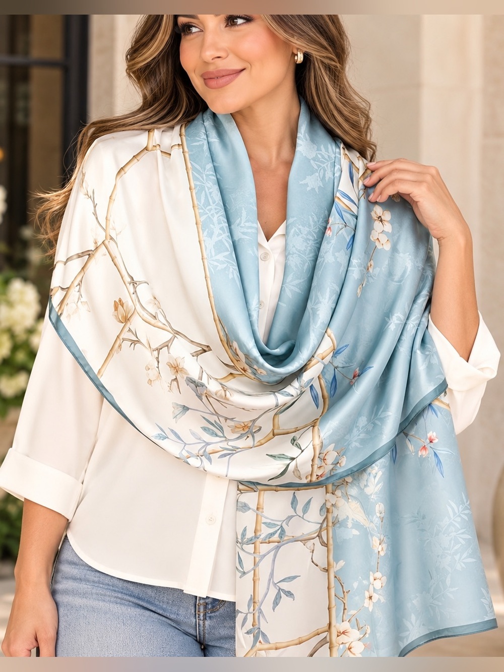 🩵🆕🩵Light Blue & Cream Floral Silk Scarf Elegant Women’s Shawl